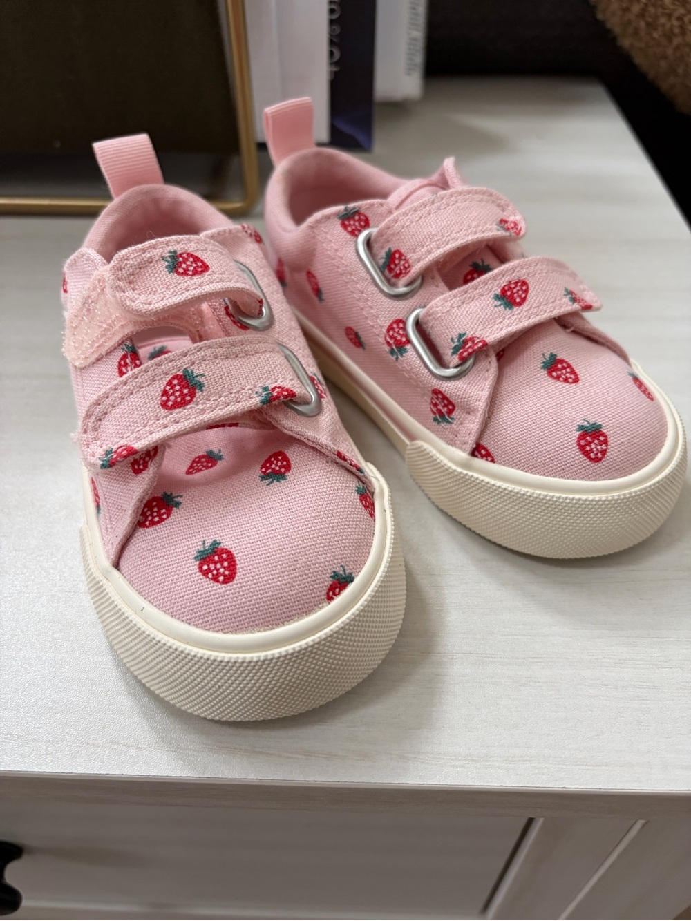 Kids Pink Strawberry Canvas Sneakers with Hook-and-Loop Straps